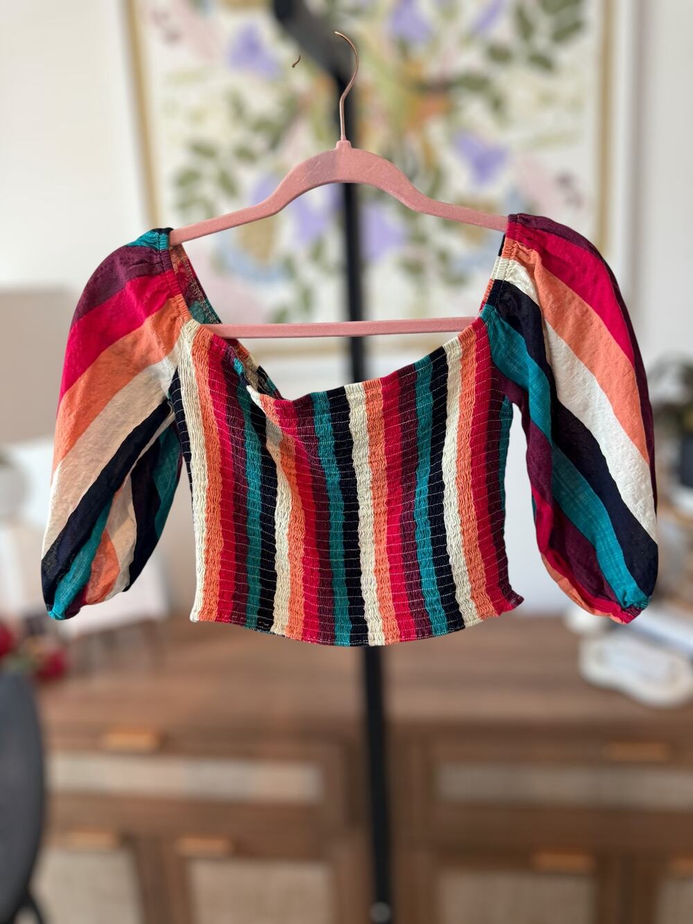 TCEC Smocked Striped Puff Sleeve Pullover Crop Top Multicolor Womens Size Small